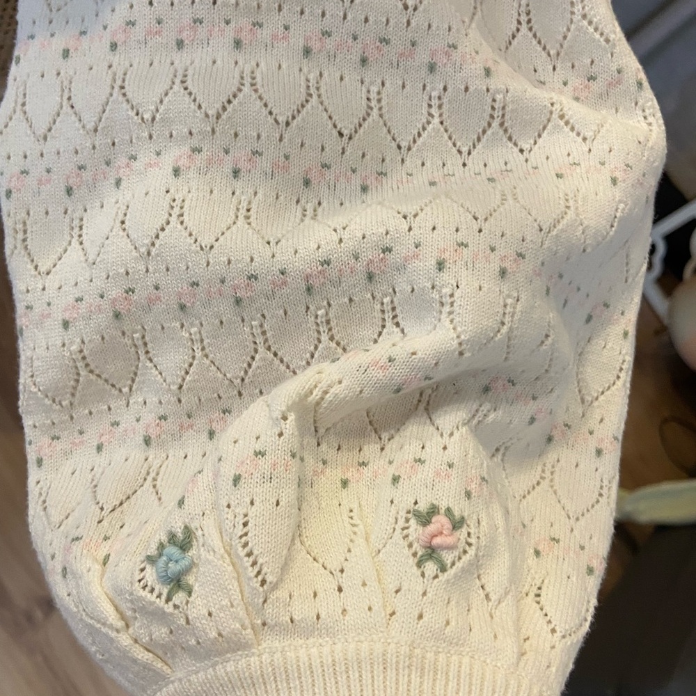 For Love And Lemons Cream Eyelet Knit Cardigan with Pastel Floral Embroidery - Picture 7 of 10